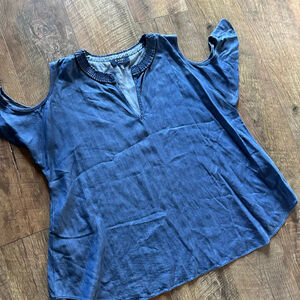 Women's KAARI BLUE Blue Denim Cold Shoulder Tunic Top M